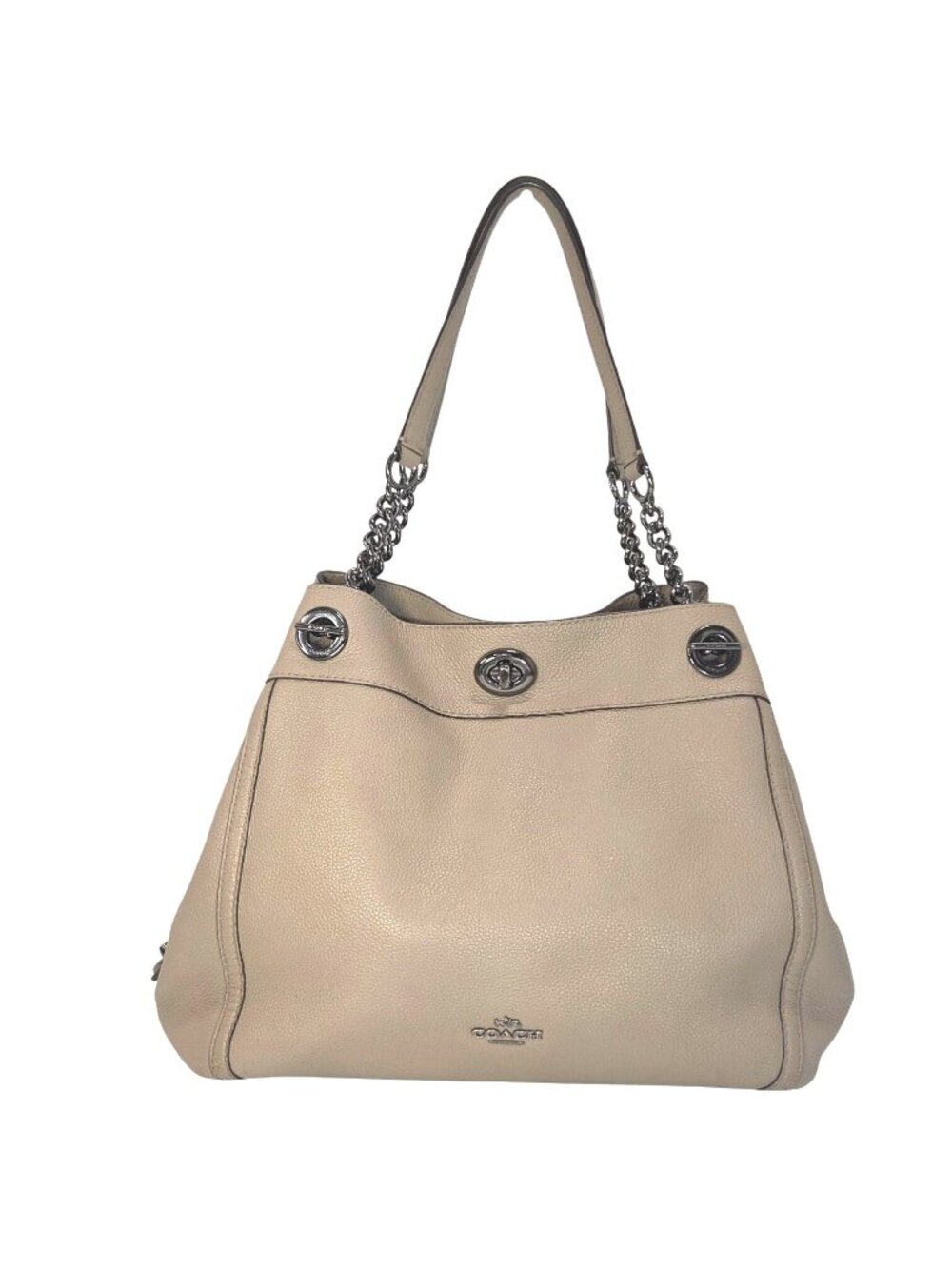 Coach 2017 Turnlock Edie Beige Taupe Leather Shoulder Bag w Gunmetal Chain 36855